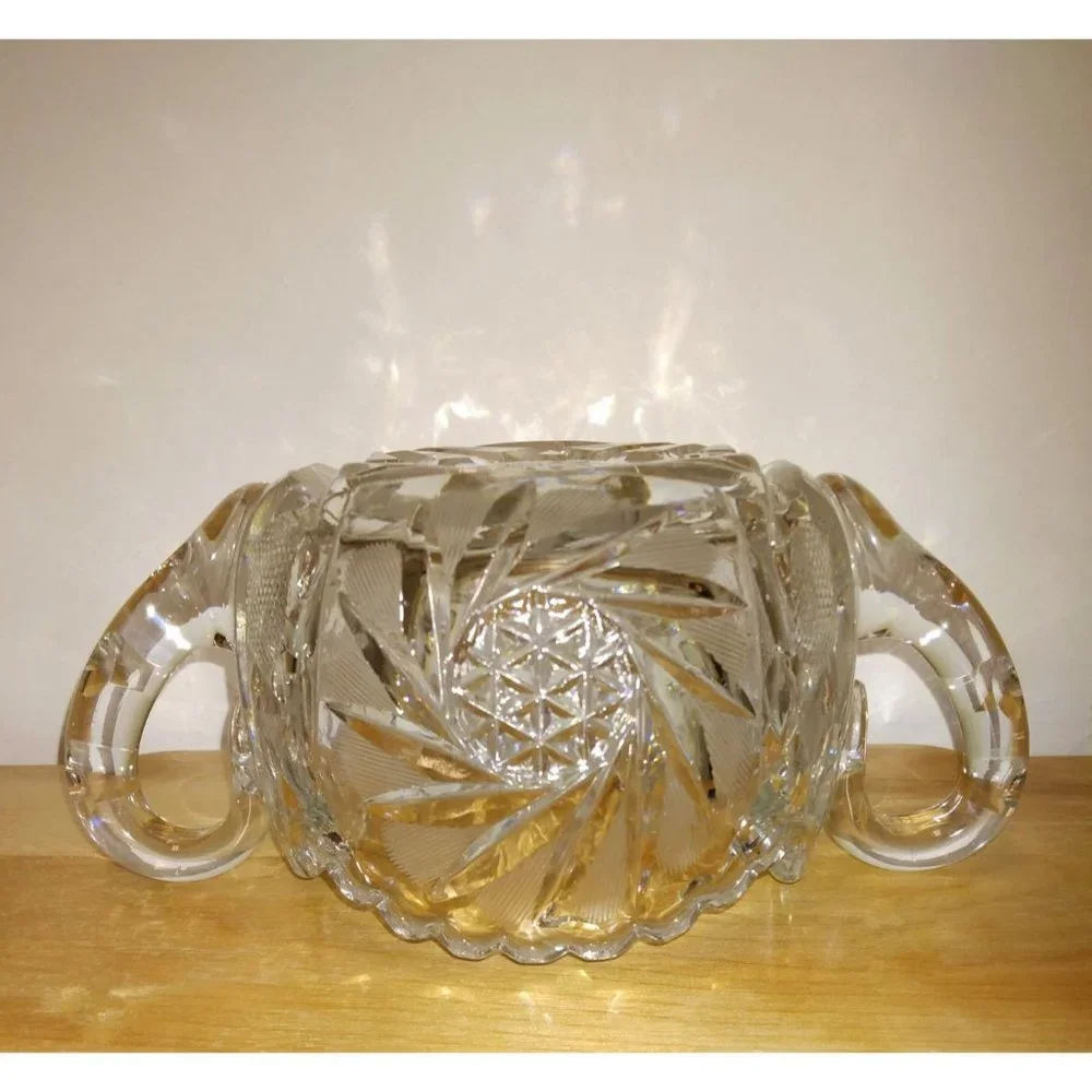 Antique American Brilliant Cut Crystal Hobstar Double Handled Sugar Bowl